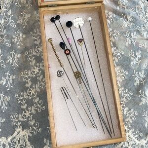 Antique Box with 13 Stick Hat Pins Scepter Vintage Glass Black Clear Colors